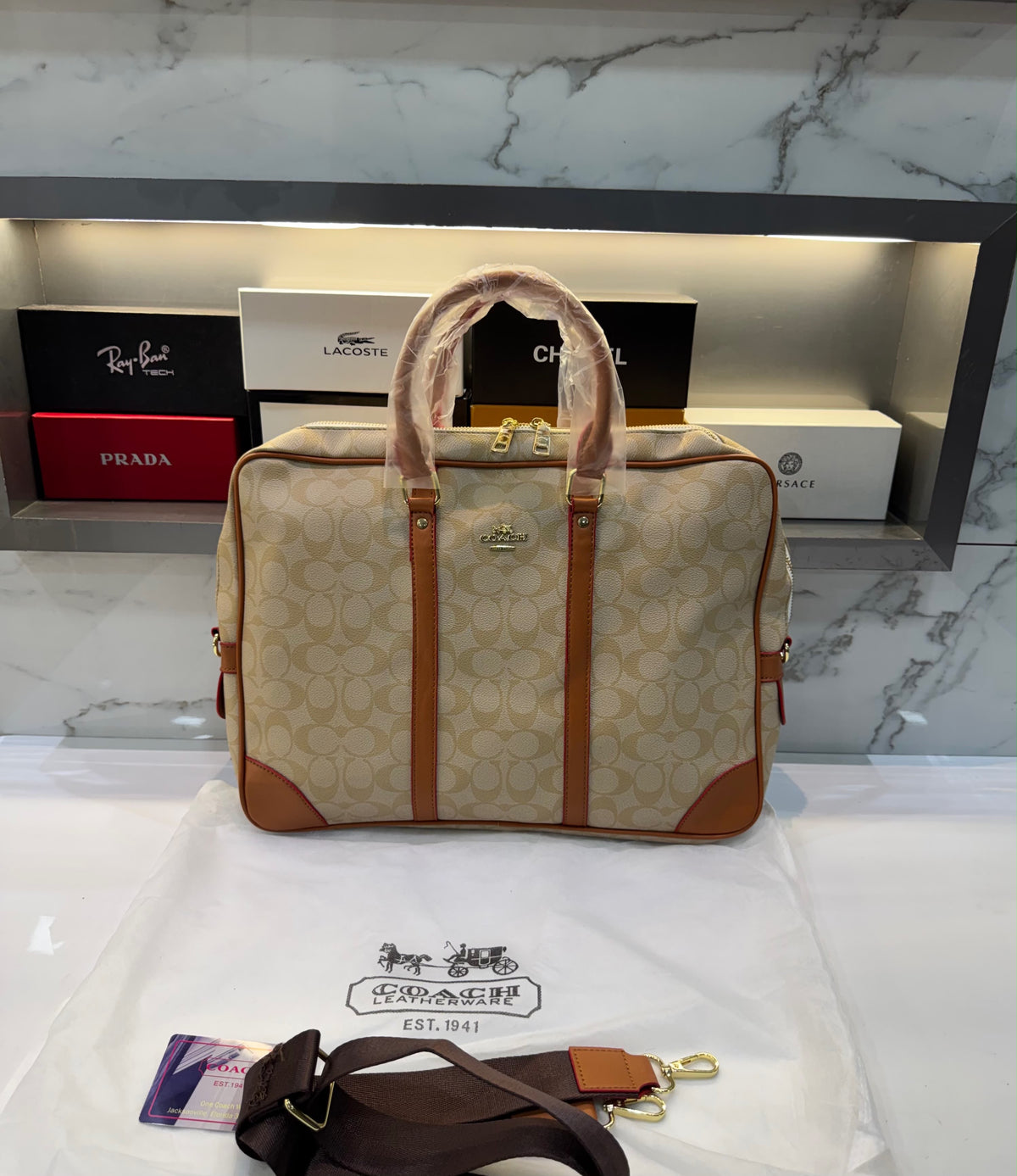 Coach Monogram Premium Laptop & Travel Bag Apricot Brown