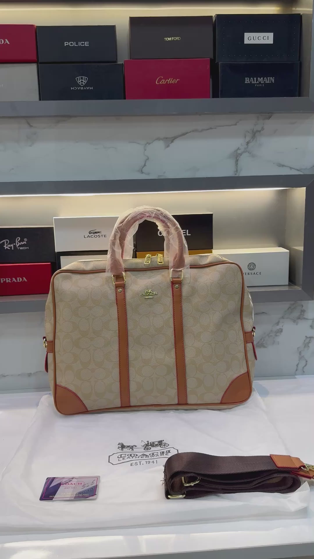 Coach Monogram Premium Laptop & Travel Bag Apricot Brown